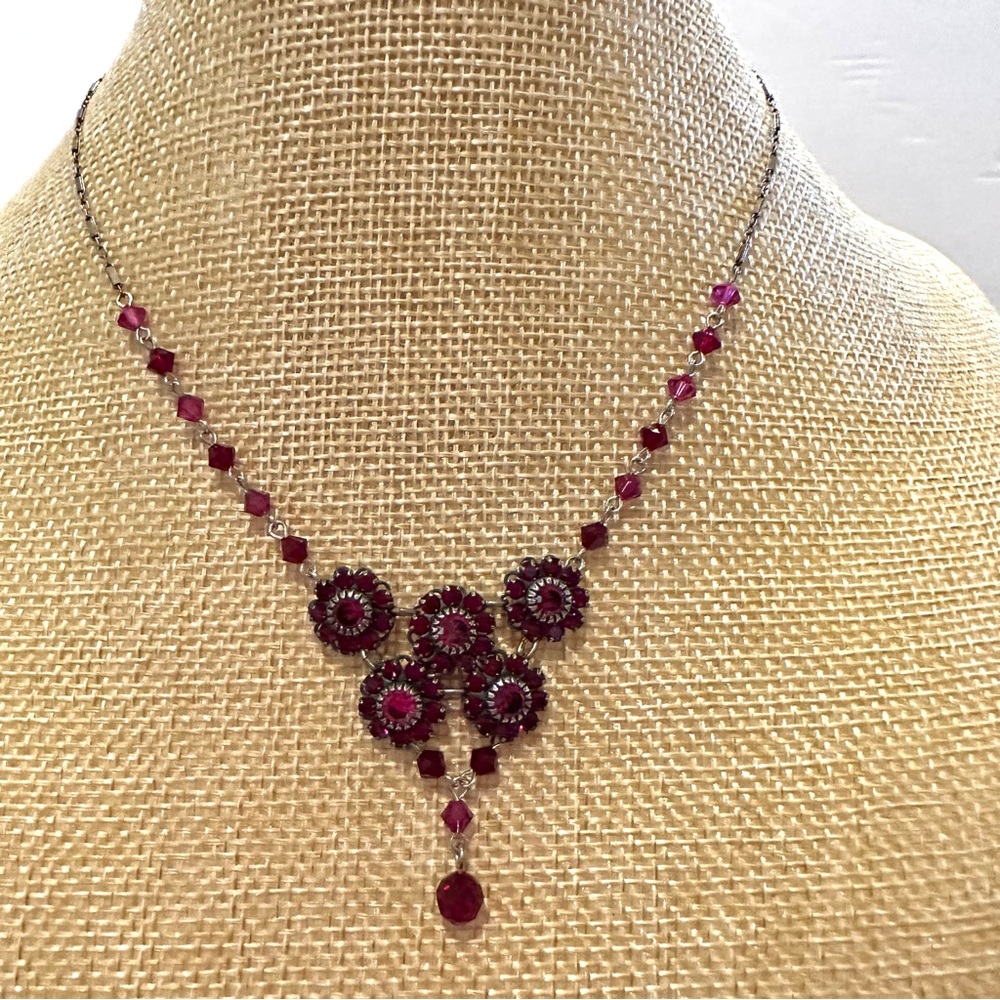 Liz Paiacios of San Francisco Necklace- Vintage. Antiqued silver w/ red crystals